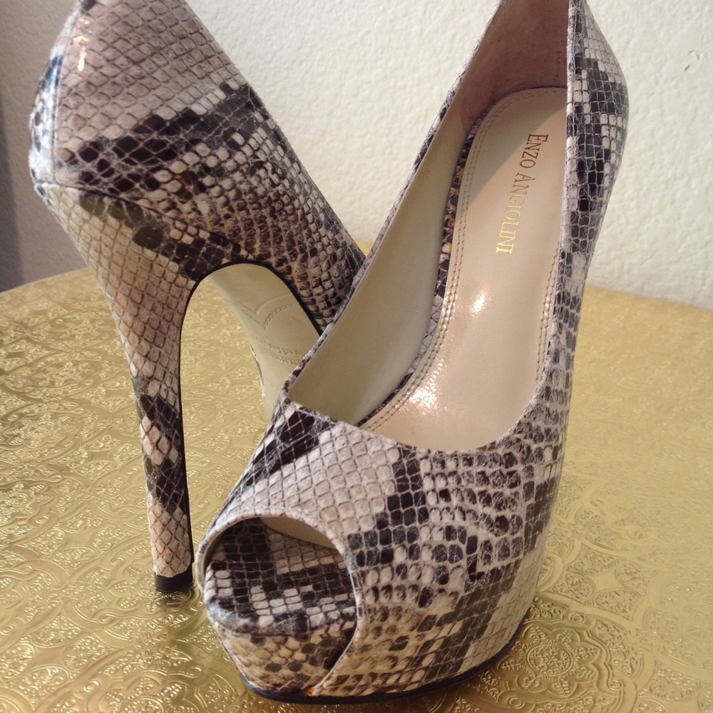 Faux snakeskin peep toe platforms